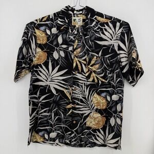 M.E. Sport Button Down Mens M Black White Gold Rayon Tropical Leaf Camp Shirt